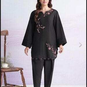 Black Embroidered Long Sleeve Dress with Pink Floral Accents